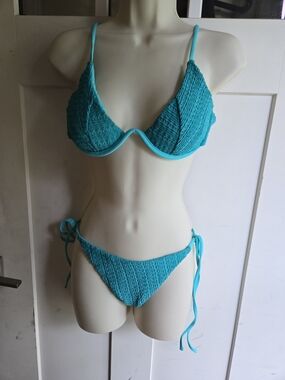 Zaful Turquoise Smocked Tie-Side Bikini Set